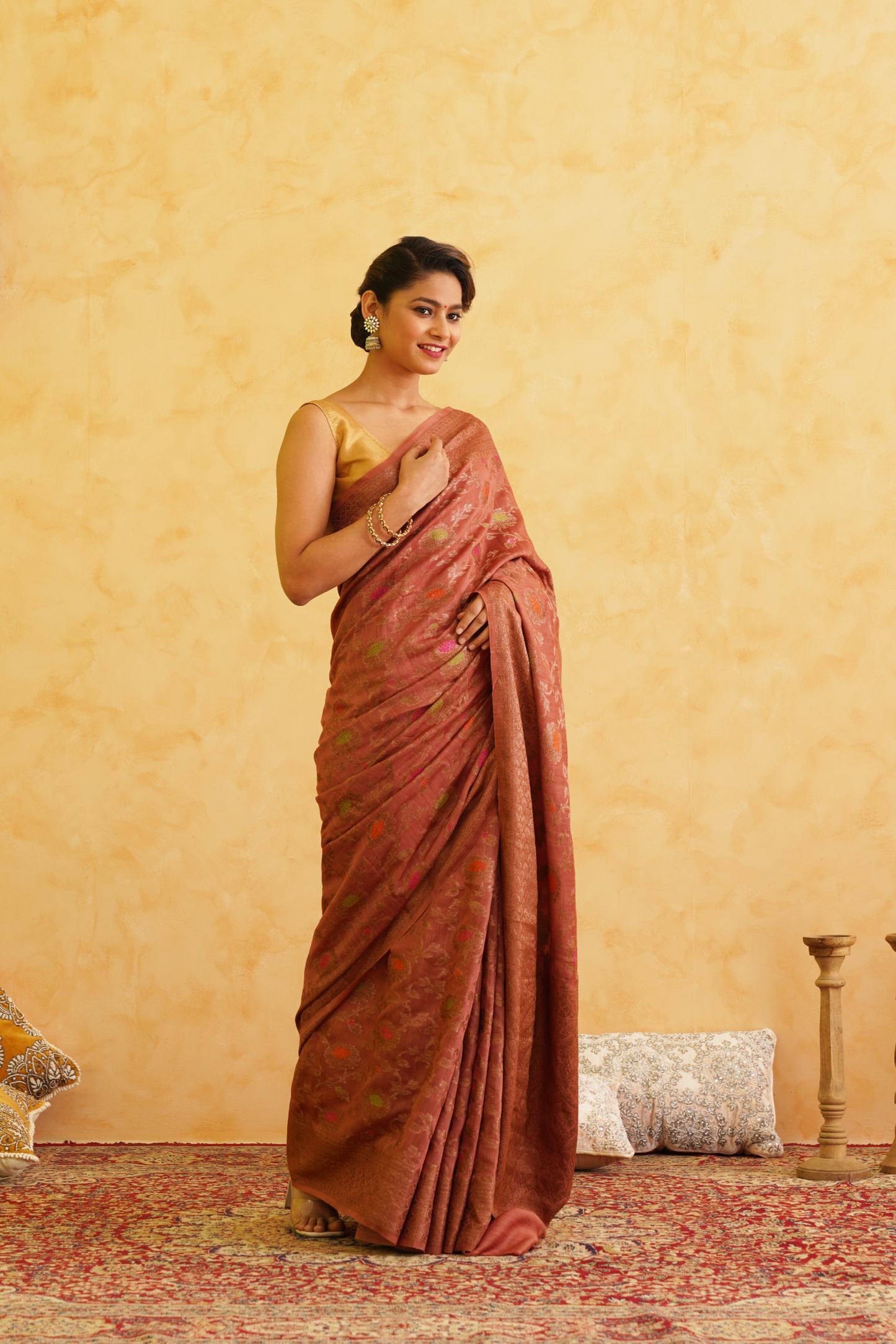 Brick Red Pure Moonga Silk Handloom Meenakari Banarasi Saree