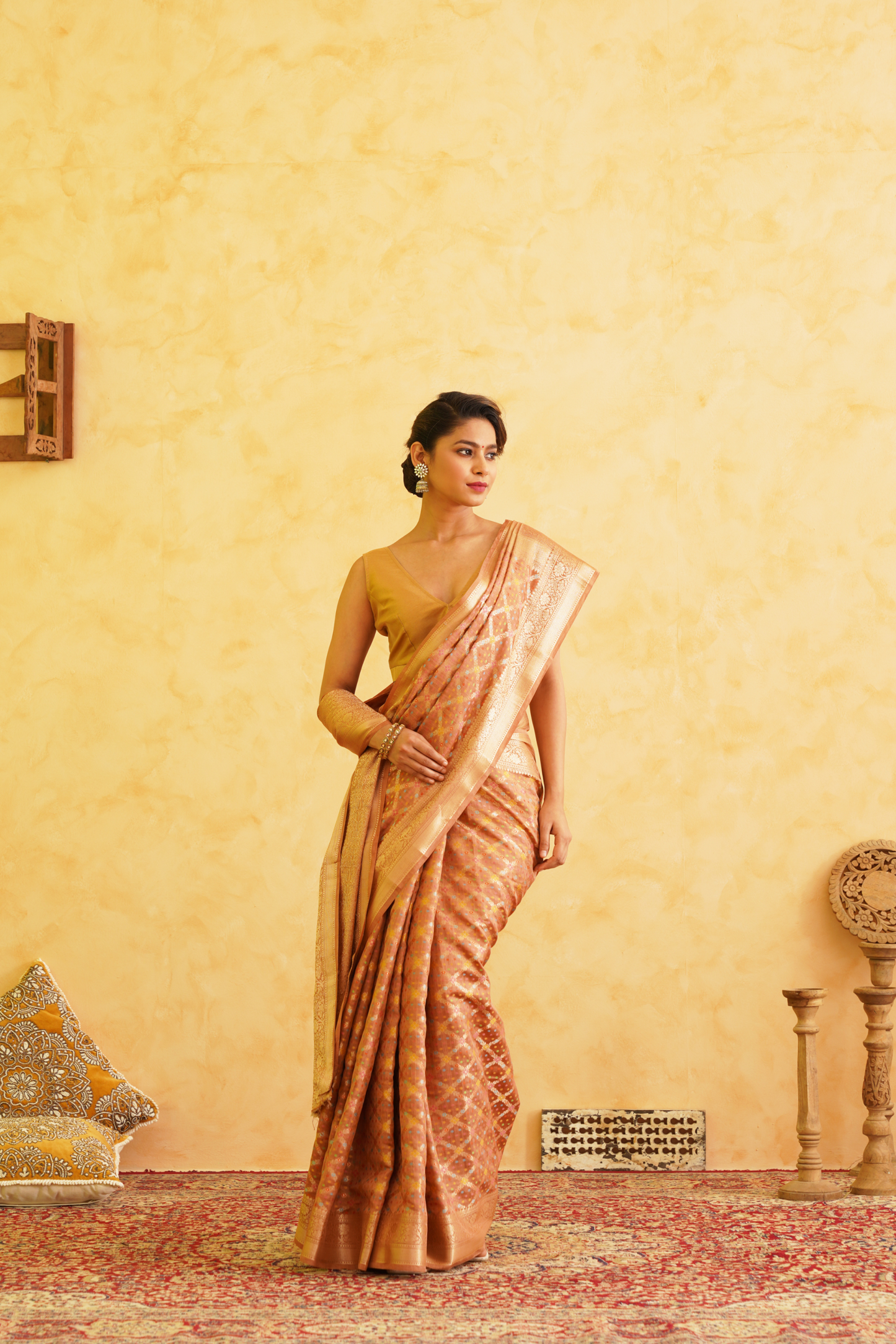 Light Orange Pure Chiniya Silk Meenakari Banarasi Saree