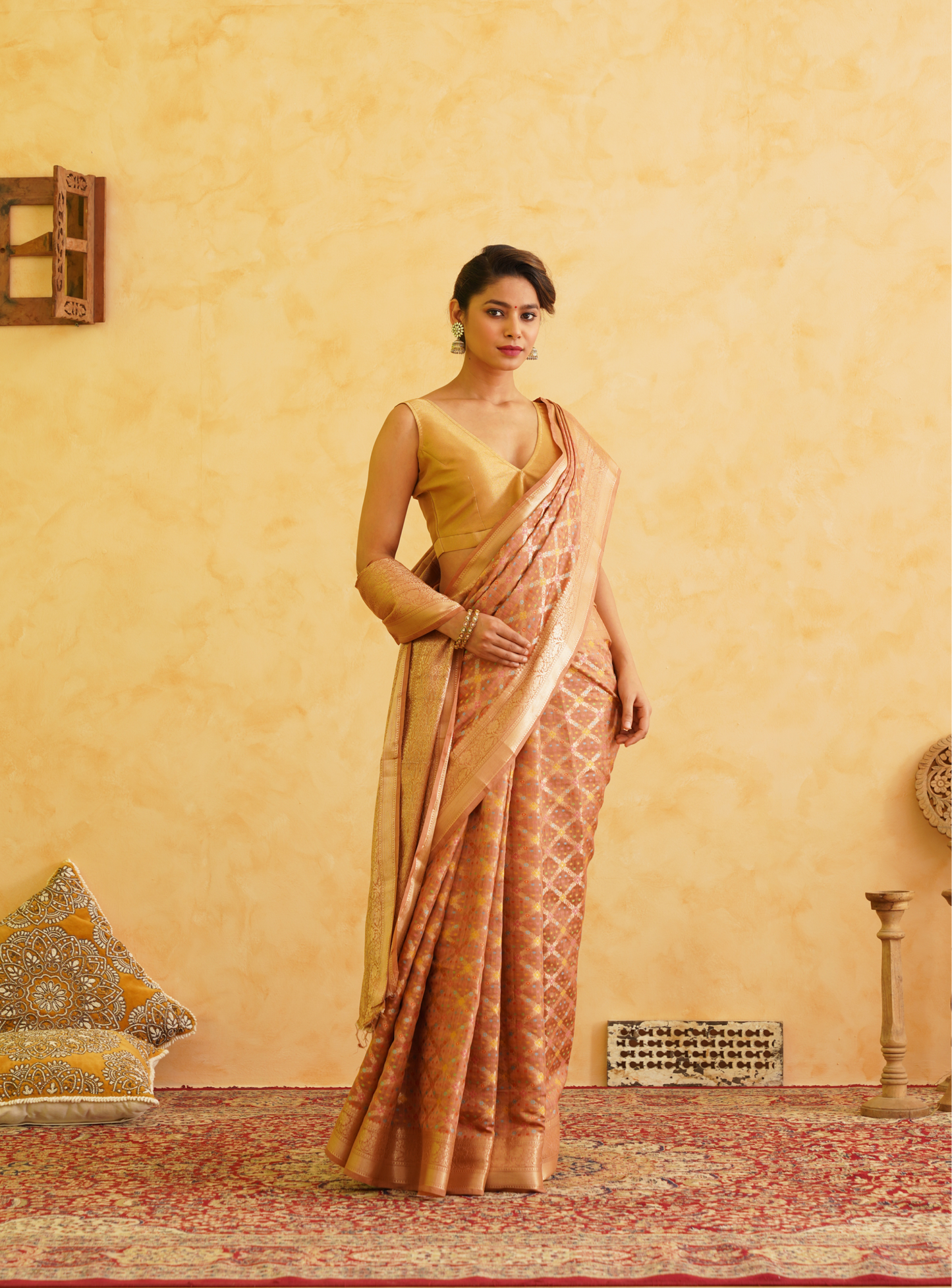 Light Orange Pure Chiniya Silk Meenakari Banarasi Saree