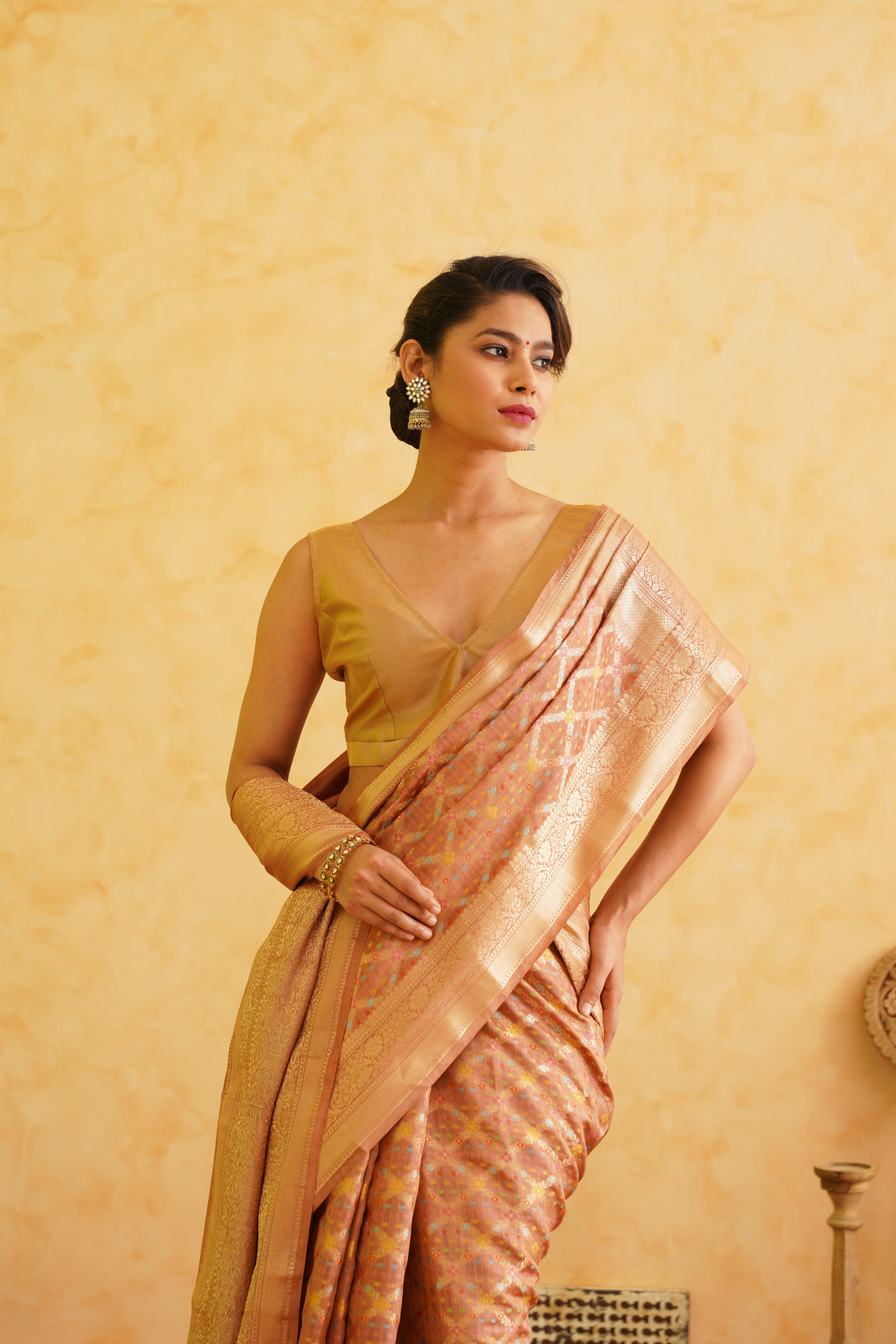 Light Orange Pure Chiniya Silk Meenakari Banarasi Saree