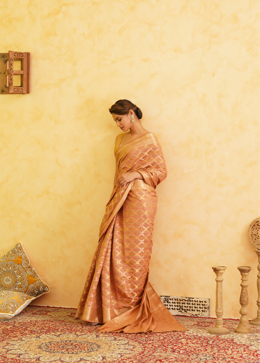 Light Orange Pure Chiniya Silk Meenakari Banarasi Saree