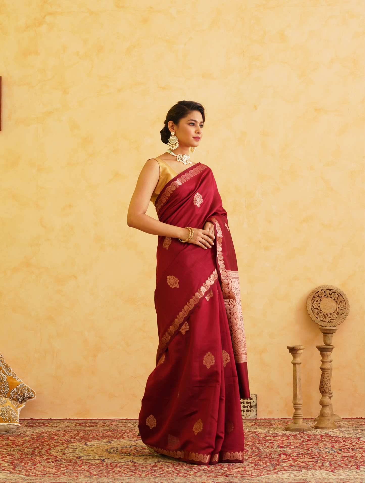 Burgundy Pure Chiniya Silk Banarasi Saree