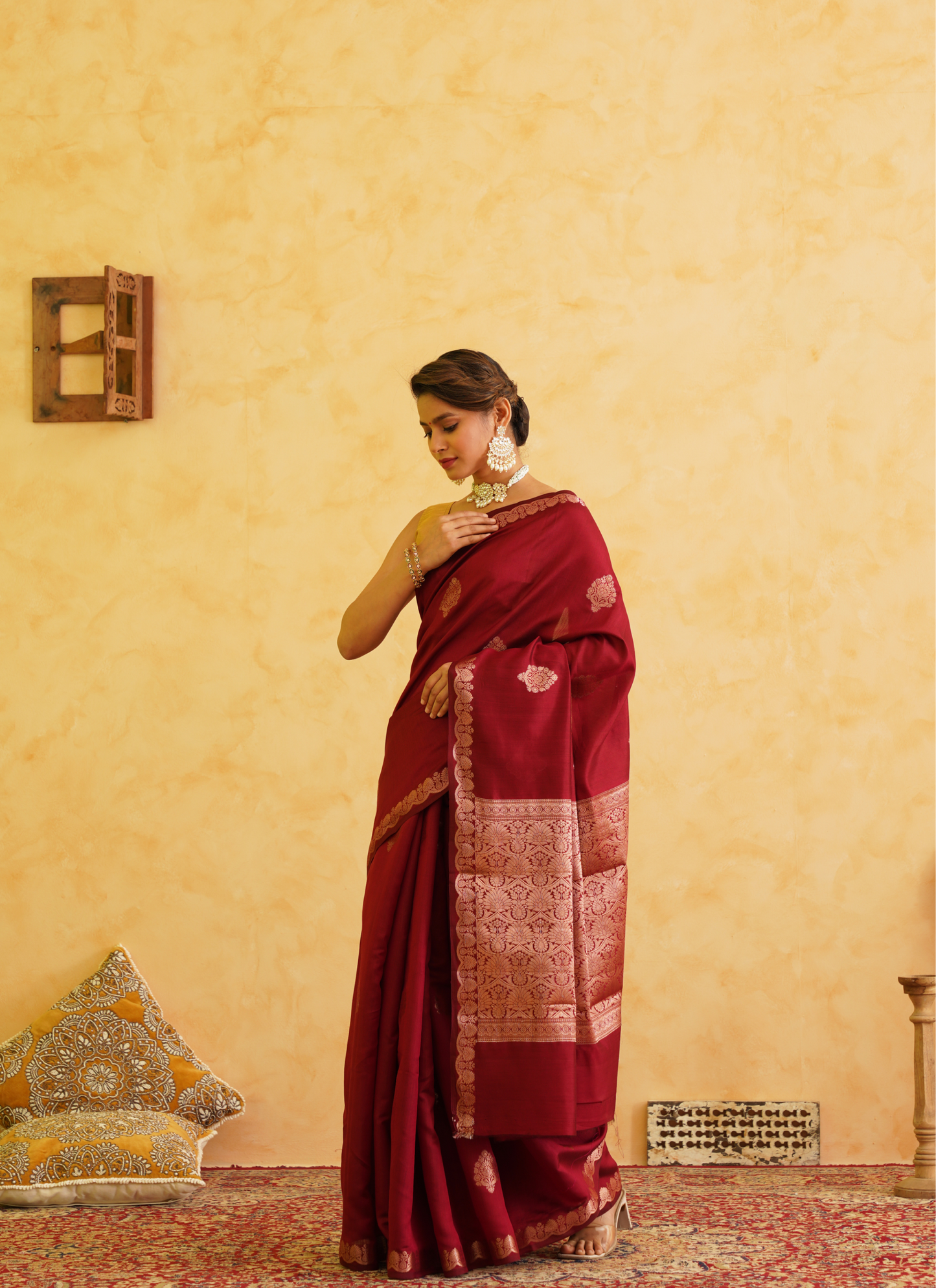 Burgundy Pure Chiniya Silk Banarasi Saree