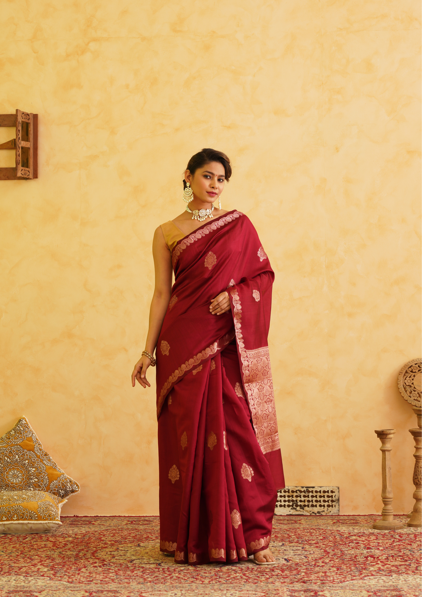 Burgundy Pure Chiniya Silk Banarasi Saree