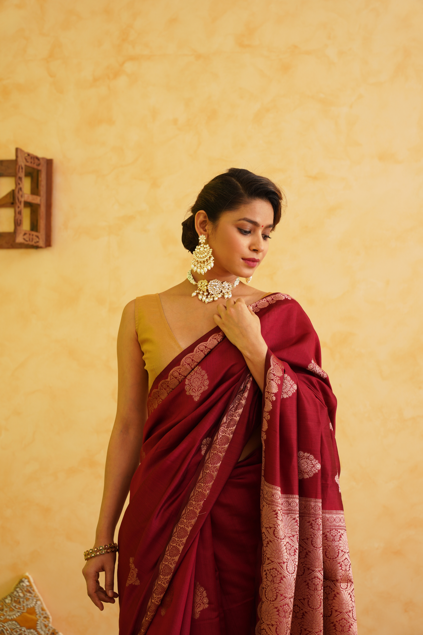 Burgundy Pure Chiniya Silk Banarasi Saree