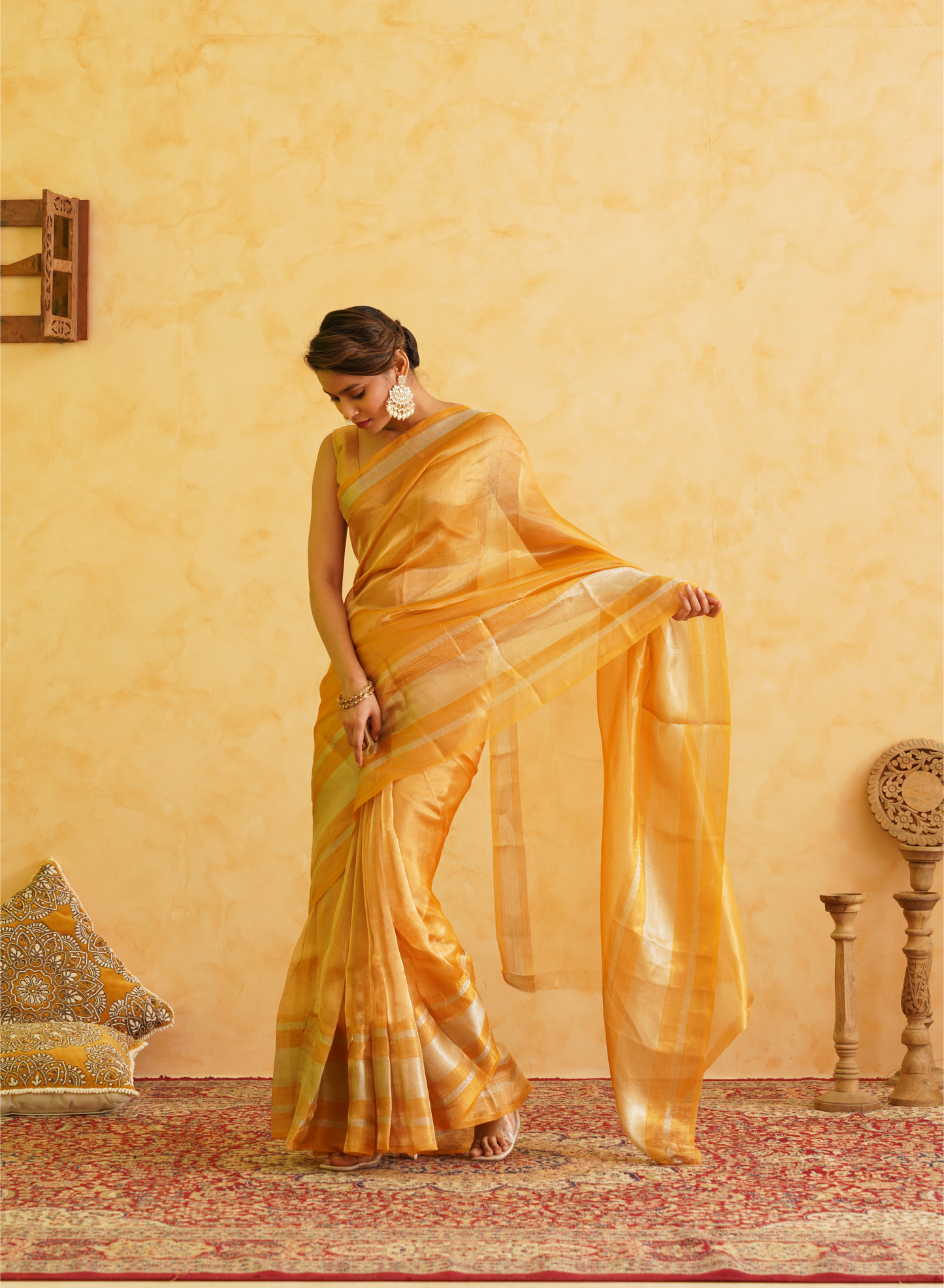Yellow - Golden Pure Tissue Handloom Banarasi Saree