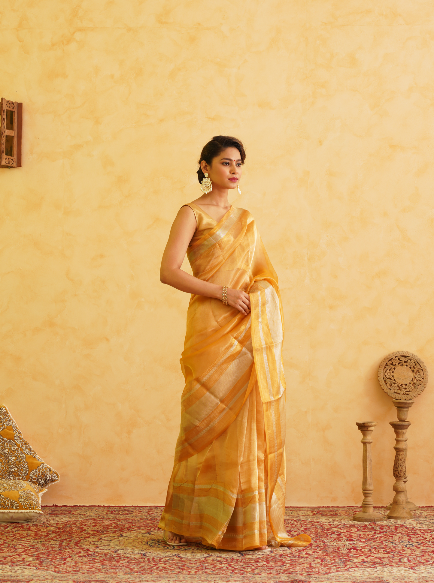 Yellow - Golden Pure Tissue Handloom Banarasi Saree
