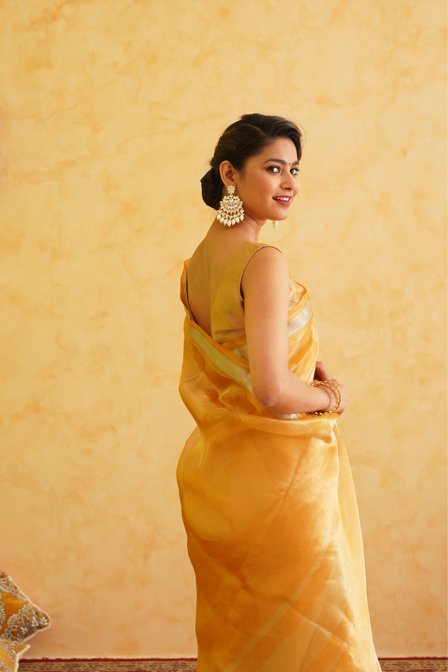 Yellow - Golden Pure Tissue Handloom Banarasi Saree