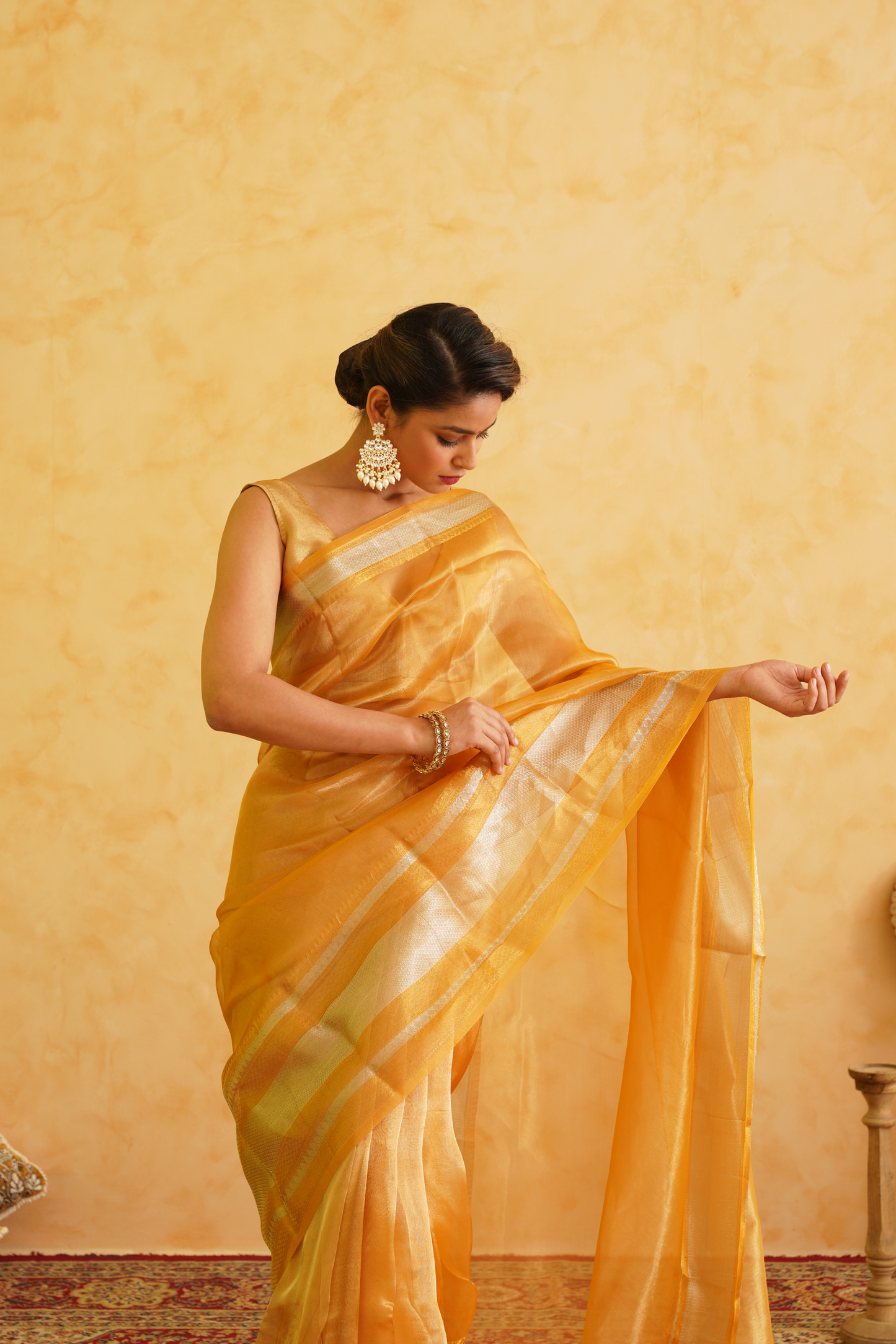 Yellow - Golden Pure Tissue Handloom Banarasi Saree