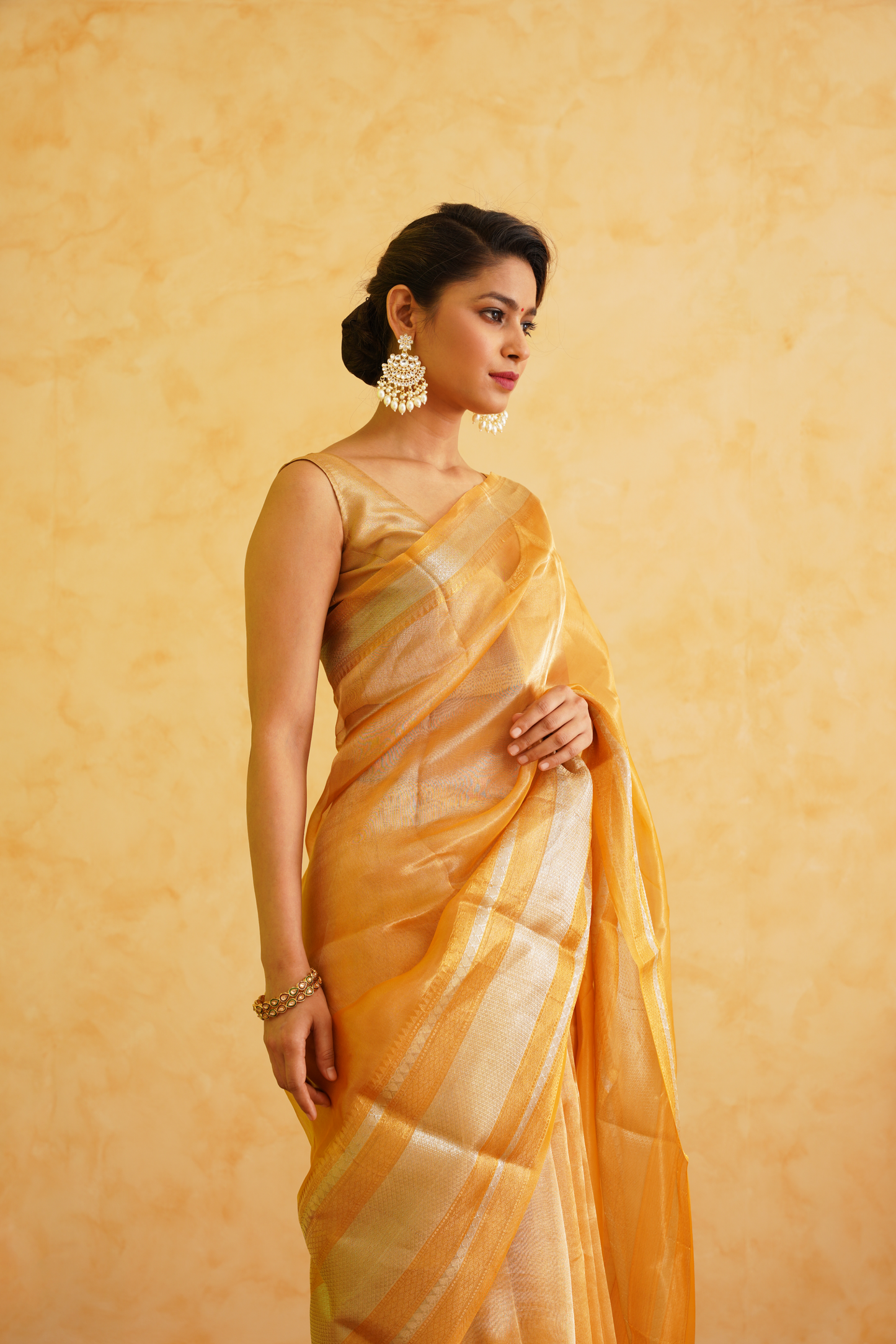 Yellow - Golden Pure Tissue Handloom Banarasi Saree