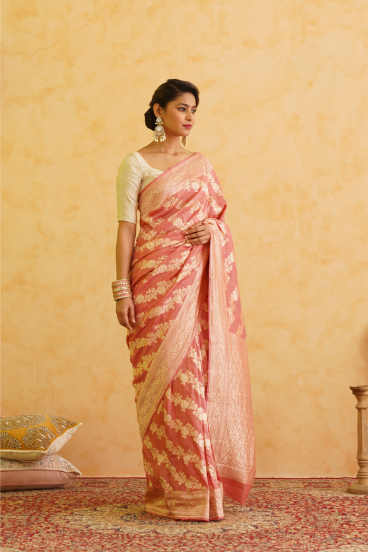 Gajri Pink Pure Moonga Silk Handloom Banarasi Saree