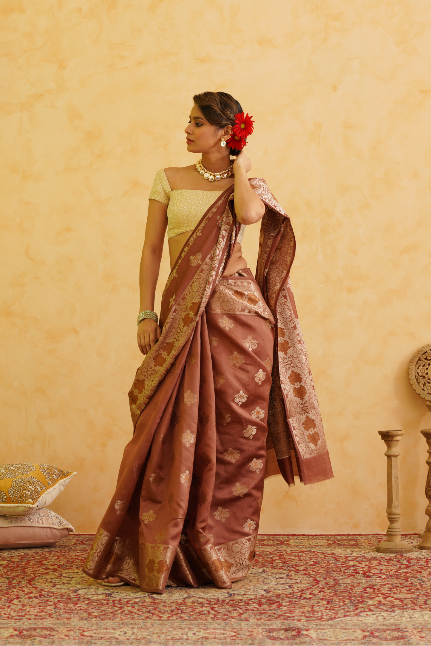 Mocha Brown Pure Silk Handloom Meenakari Banarasi Saree