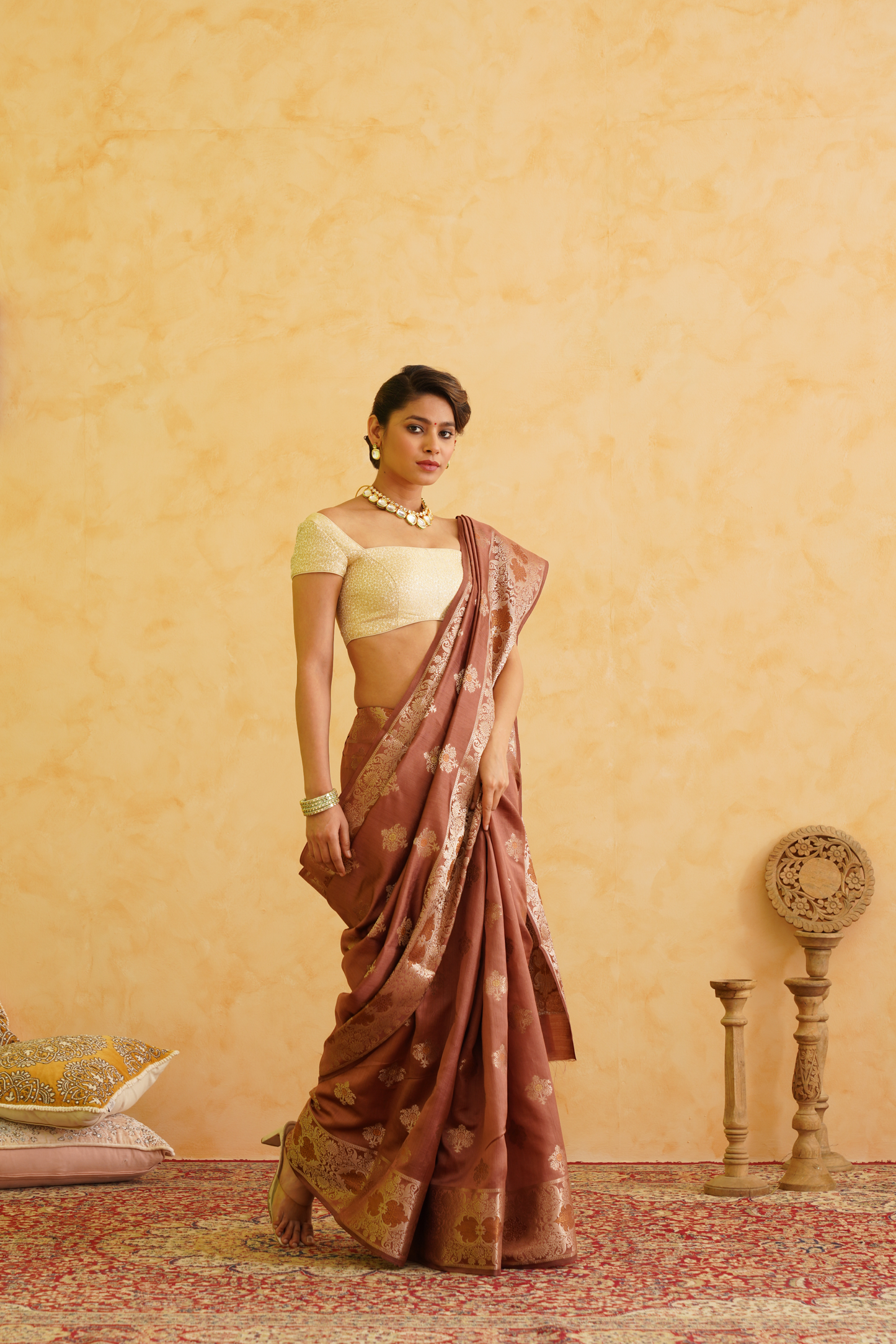 Mocha Brown Pure Silk Handloom Meenakari Banarasi Saree