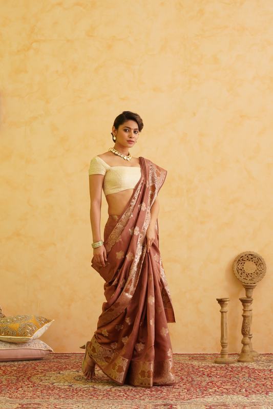 Mocha Brown Pure Silk Handloom Meenakari Banarasi Saree