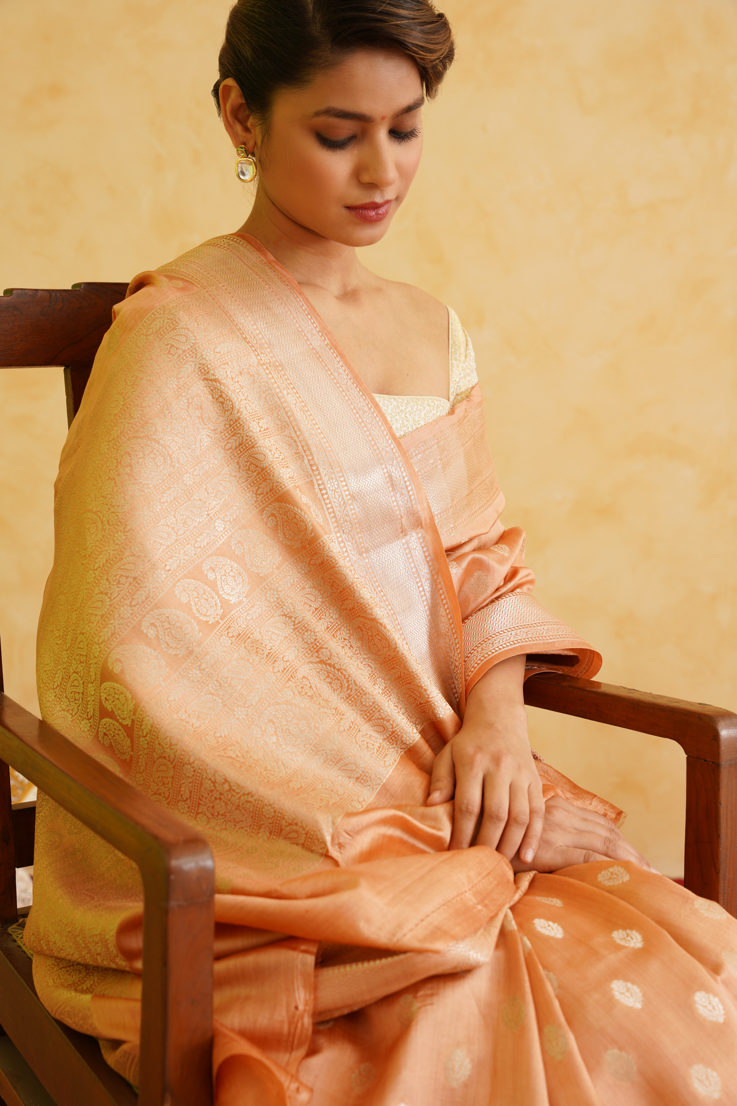 Light Orange Pure Chiniya Silk Handloom Banarasi Saree