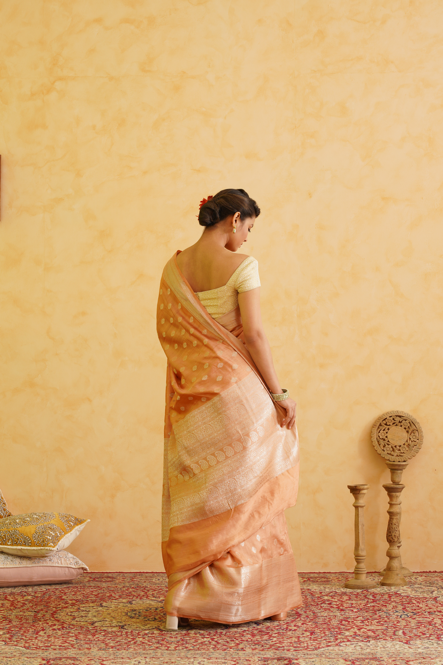 Light Orange Pure Chiniya Silk Handloom Banarasi Saree