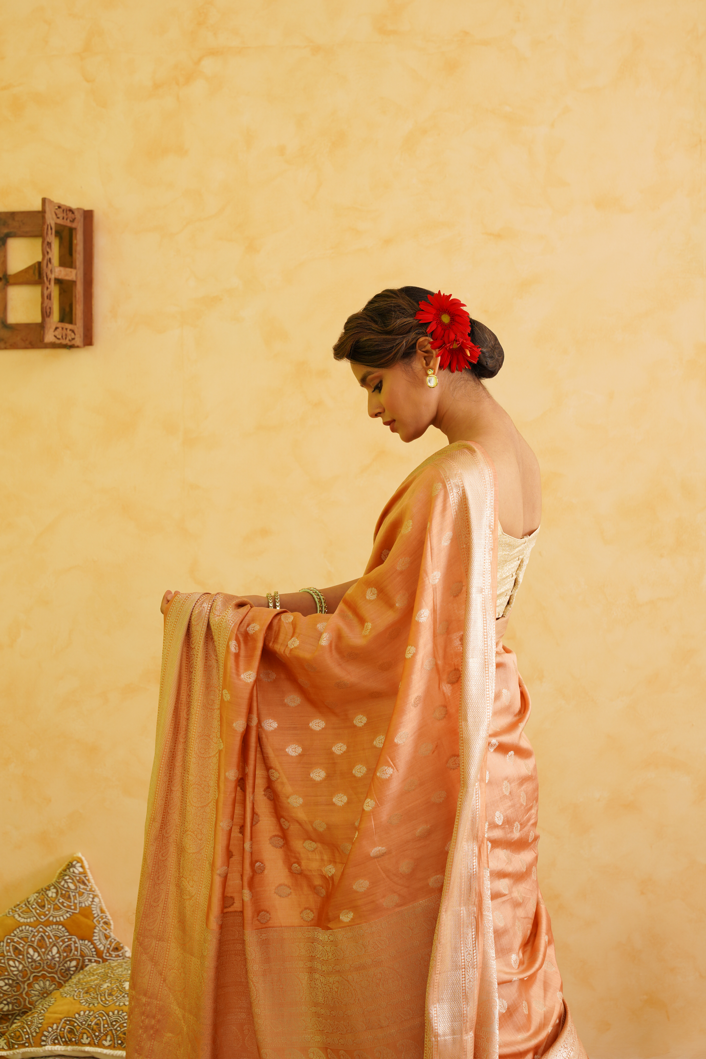 Light Orange Pure Chiniya Silk Handloom Banarasi Saree