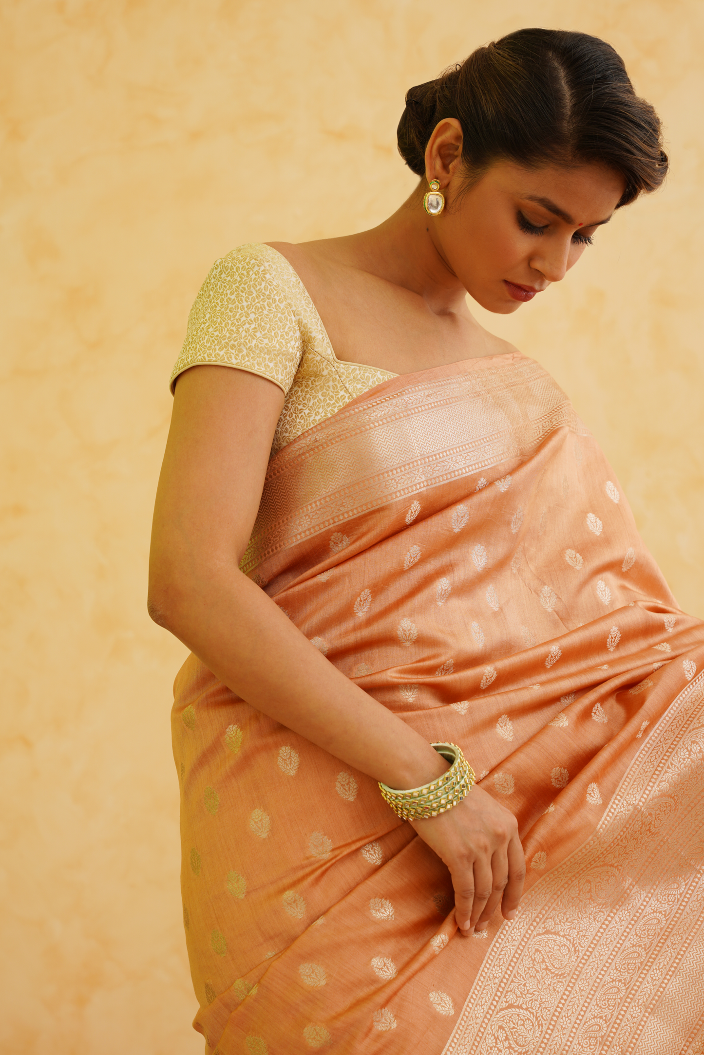 Light Orange Pure Chiniya Silk Handloom Banarasi Saree