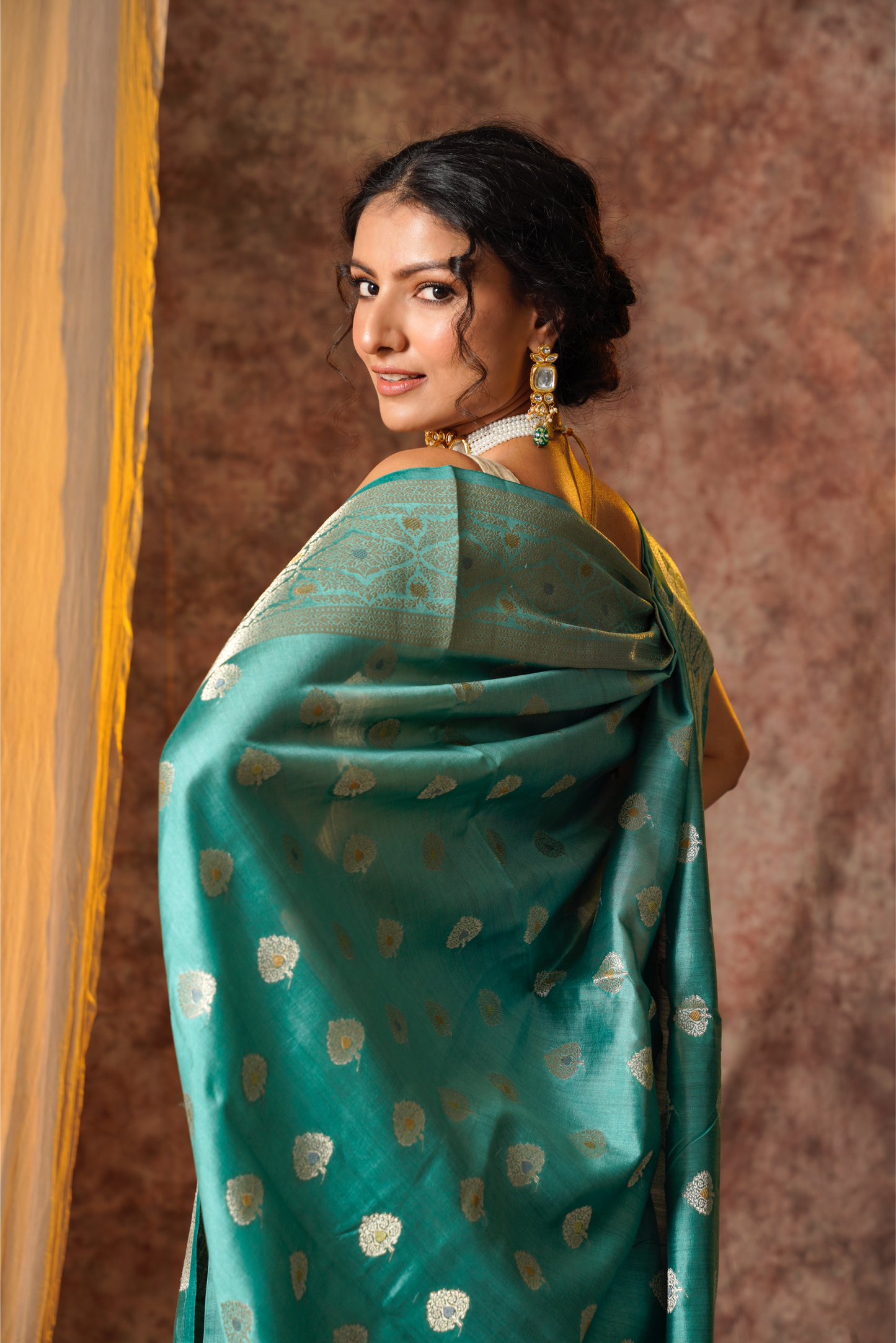 Moss green Pure Silk Handloom Meenakari Banarasi Saree.