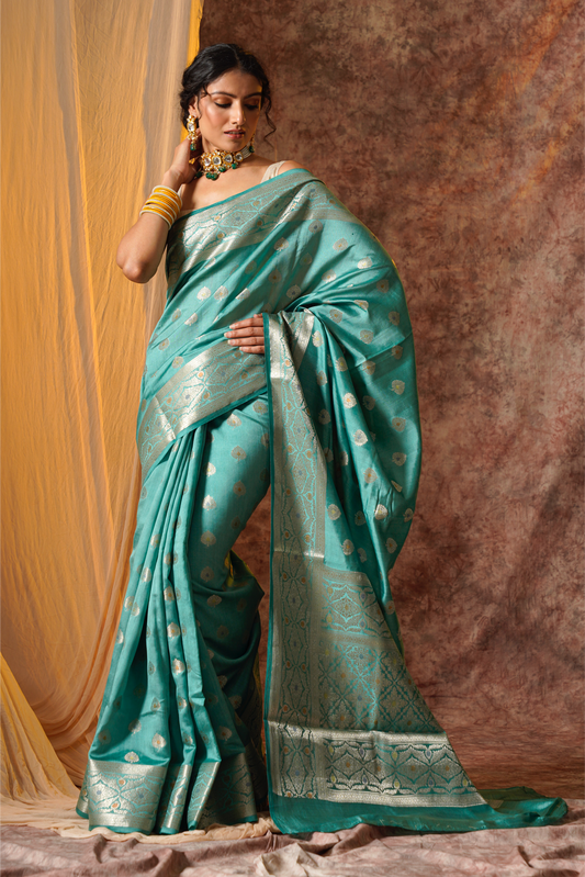 Moss green Pure Silk Handloom Meenakari Banarasi Saree.