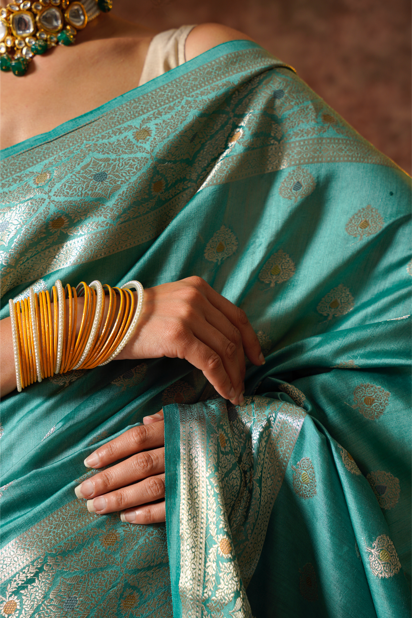 Moss green Pure Silk Handloom Meenakari Banarasi Saree.