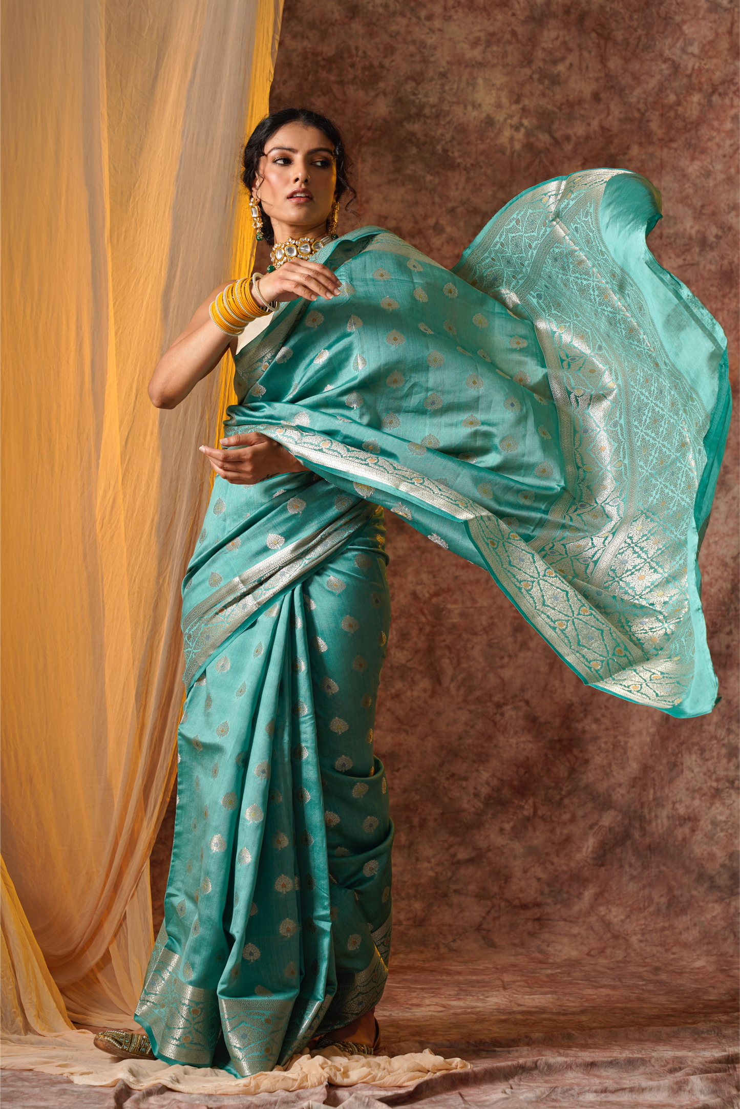 Moss green Pure Silk Handloom Meenakari Banarasi Saree.