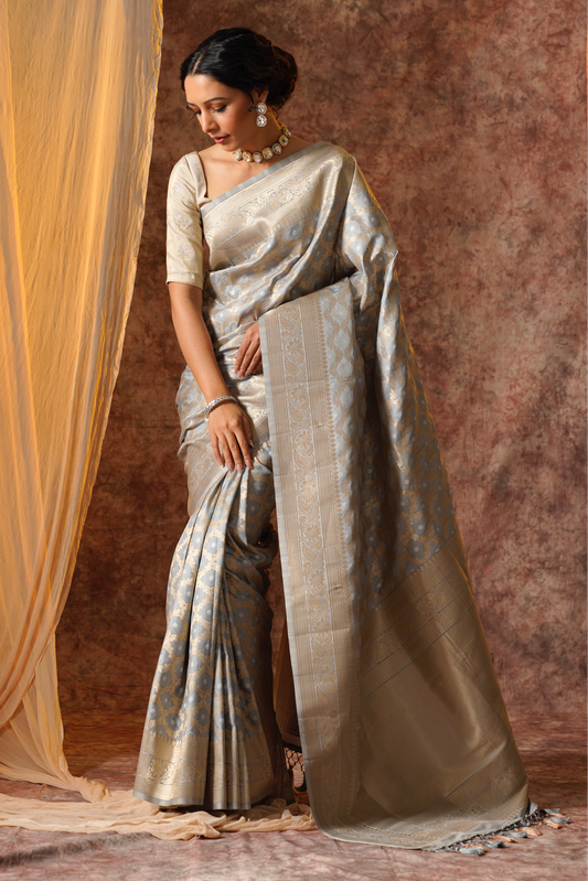 Grey Pure Katan Silk Handloom Meenakari Banarasi Saree.
