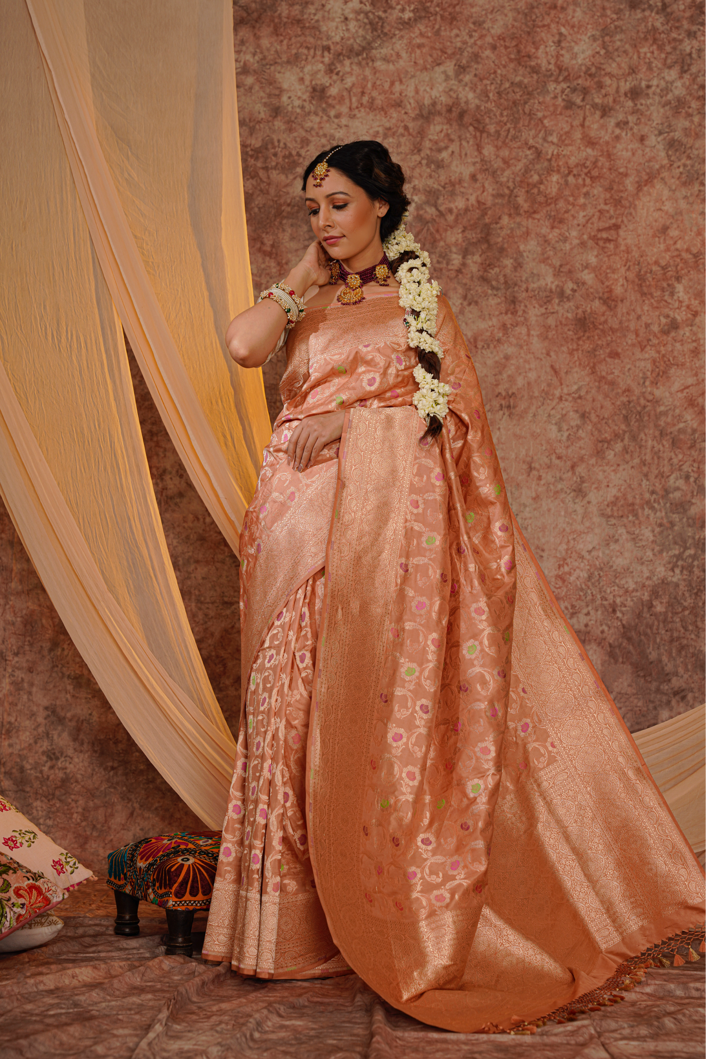 Peach Pure Katan Silk Handloom Meenakari Banarasi Saree.