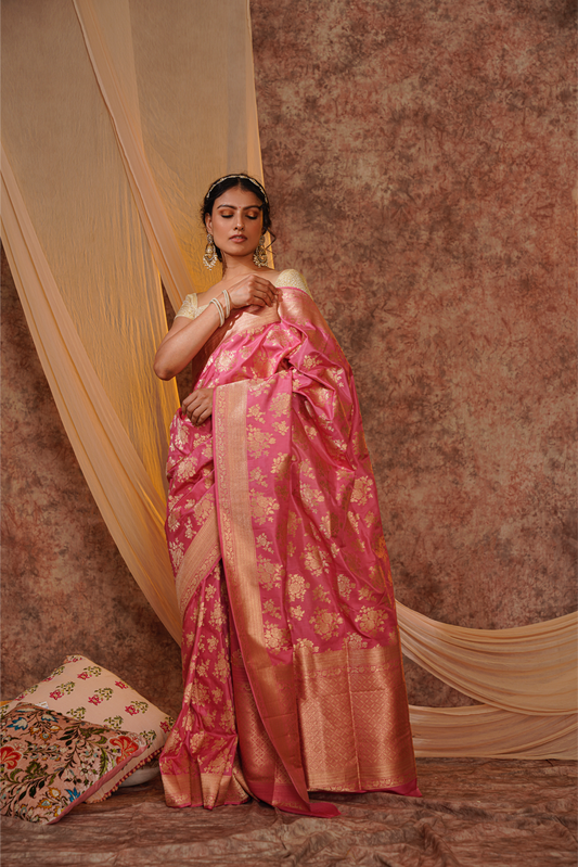 Pink Pure Katan Silk Handloom Banarasi Saree.