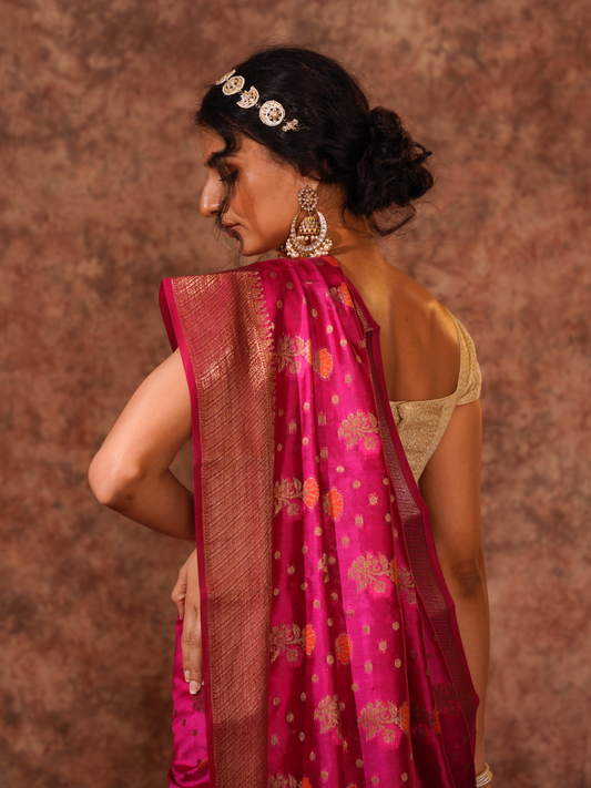 Magenta Pure Silk Handloom Meenakari Banarasi Saree.