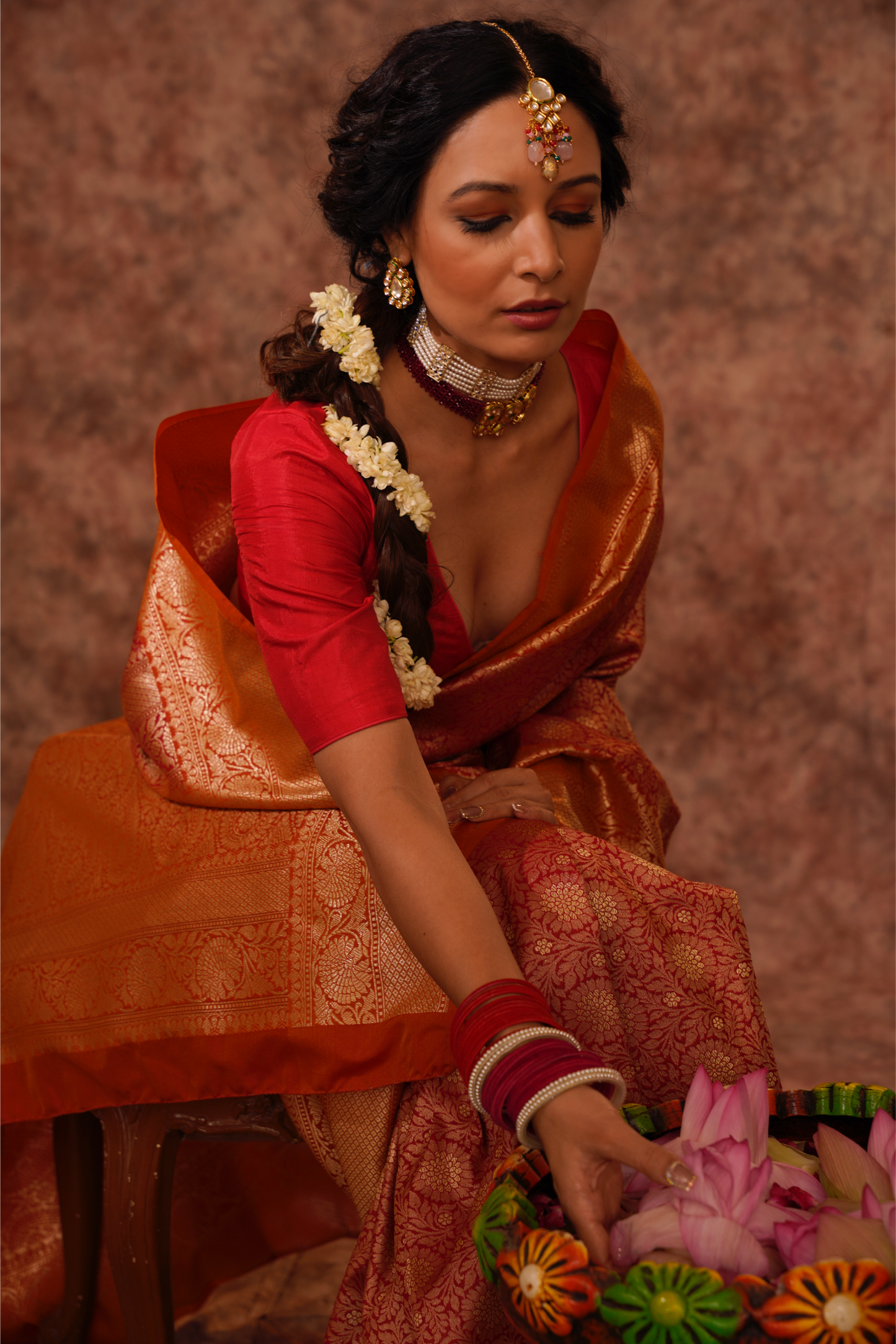 Red Dual Tone Pure Katan Silk Handloom Banarasi Saree.