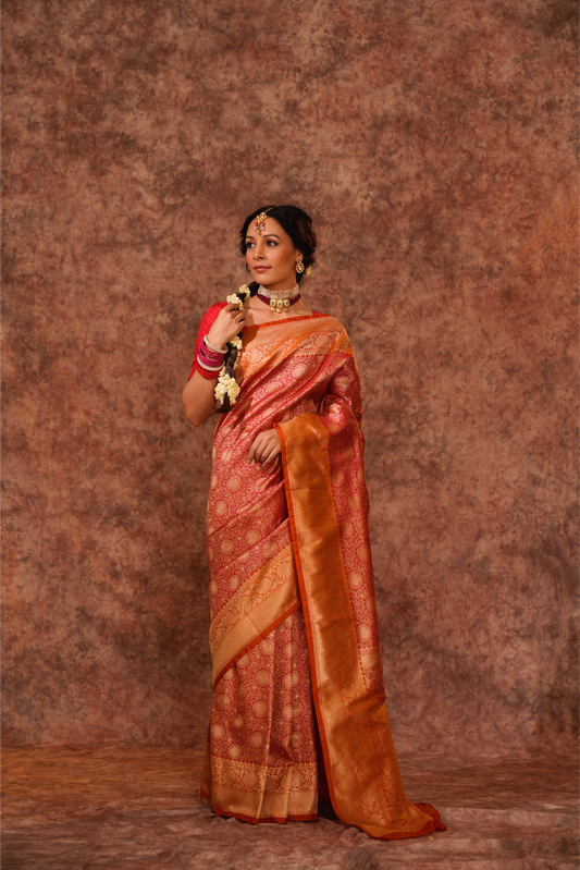 Red Dual Tone Pure Katan Silk Handloom Banarasi Saree.