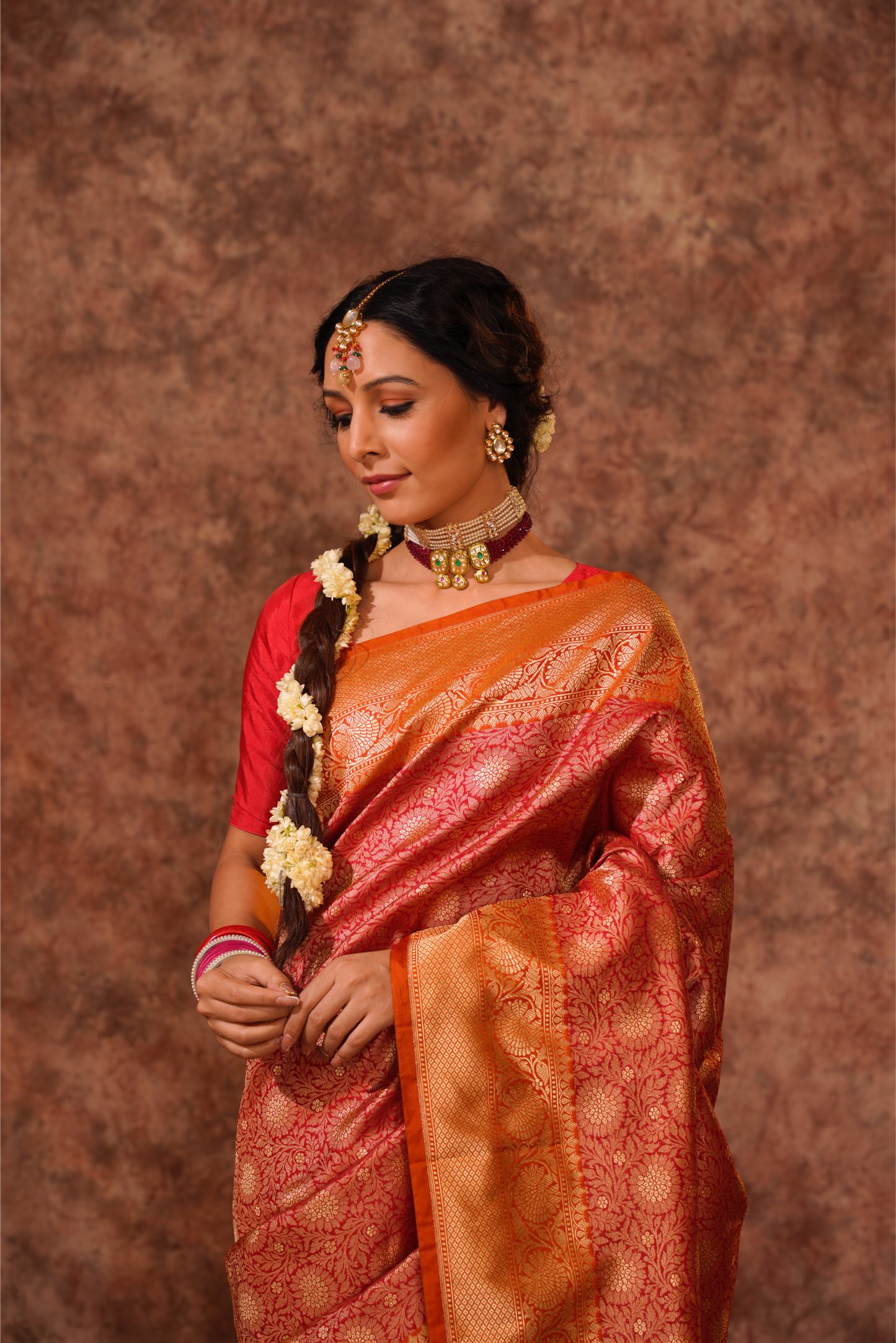 Red Dual Tone Pure Katan Silk Handloom Banarasi Saree.