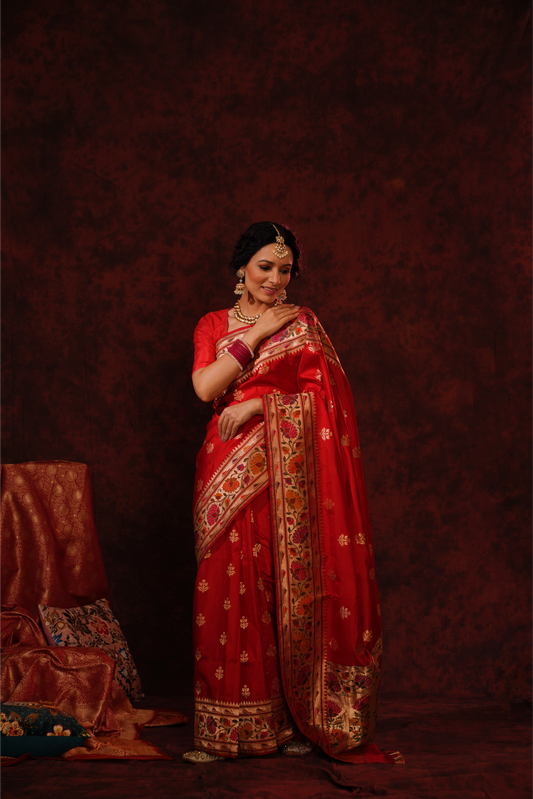 Red Pure Katan Silk Handloom Paithani Banarasi Saree.