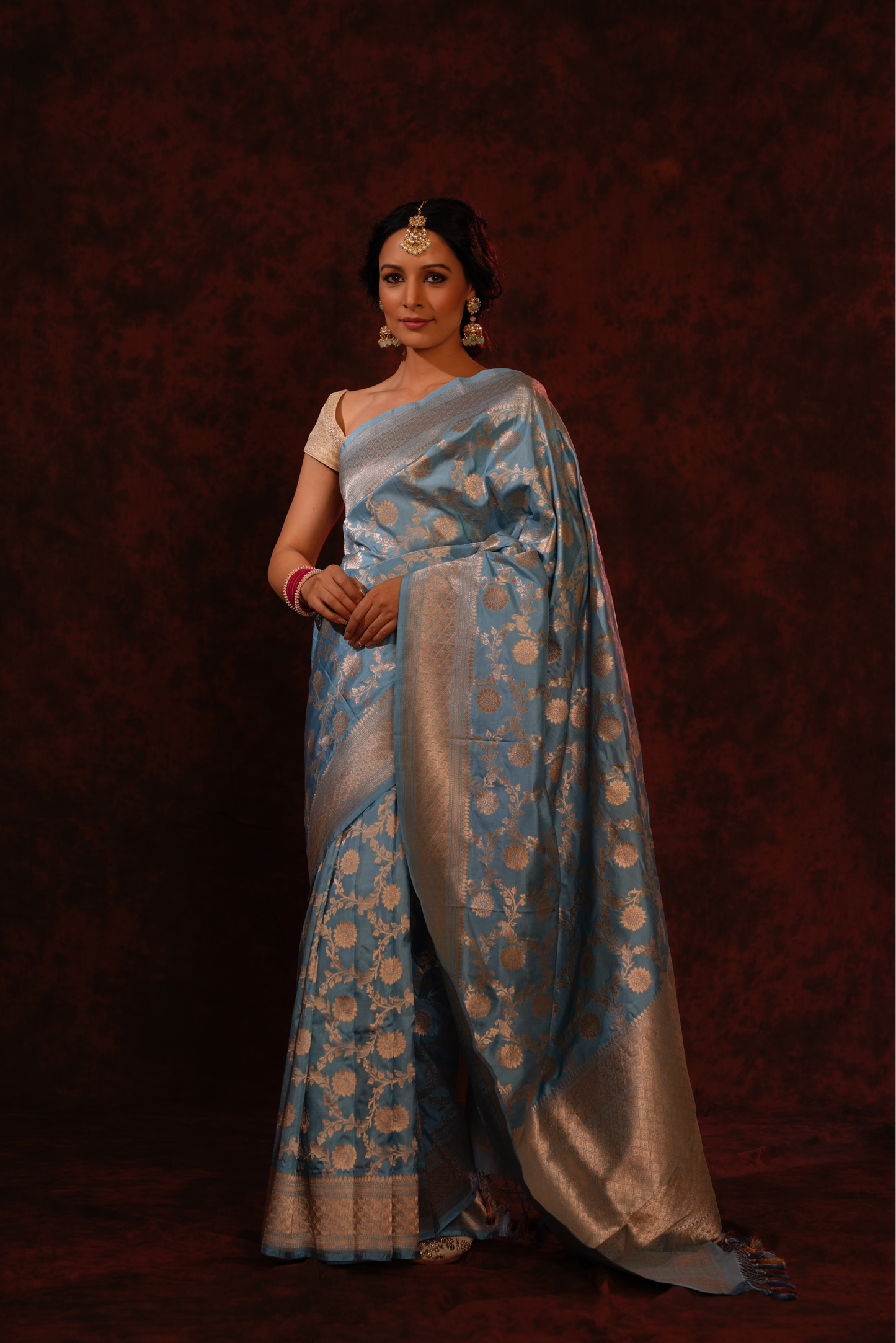 Sky Blue Pure Katan Silk Handloom Banarasi Saree.