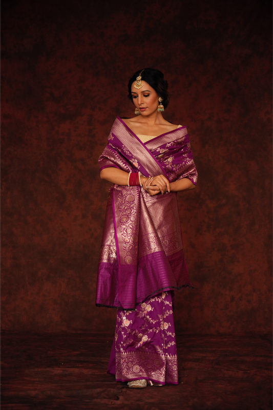 Deep Purple Meenakari Pure Katan Silk Handloom Banarasi Saree.