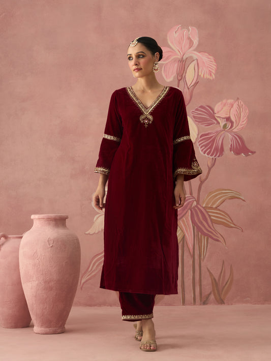 Sahiba Velvet Maroon Kurta Set