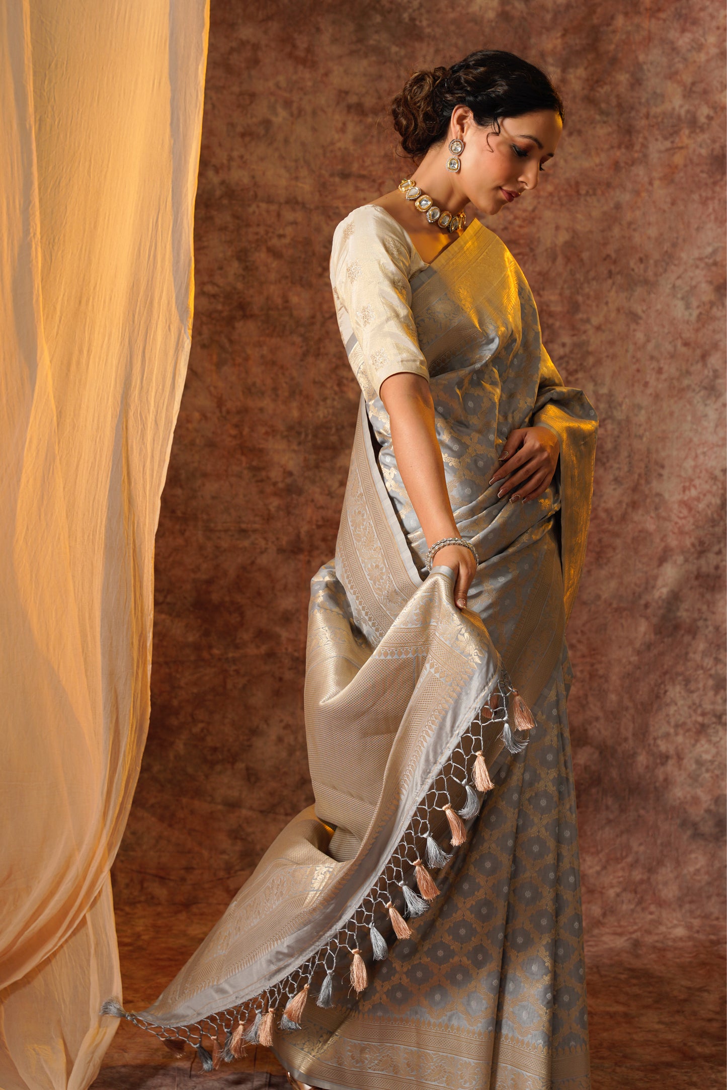 Grey Pure Katan Silk Handloom Meenakari Banarasi Saree.
