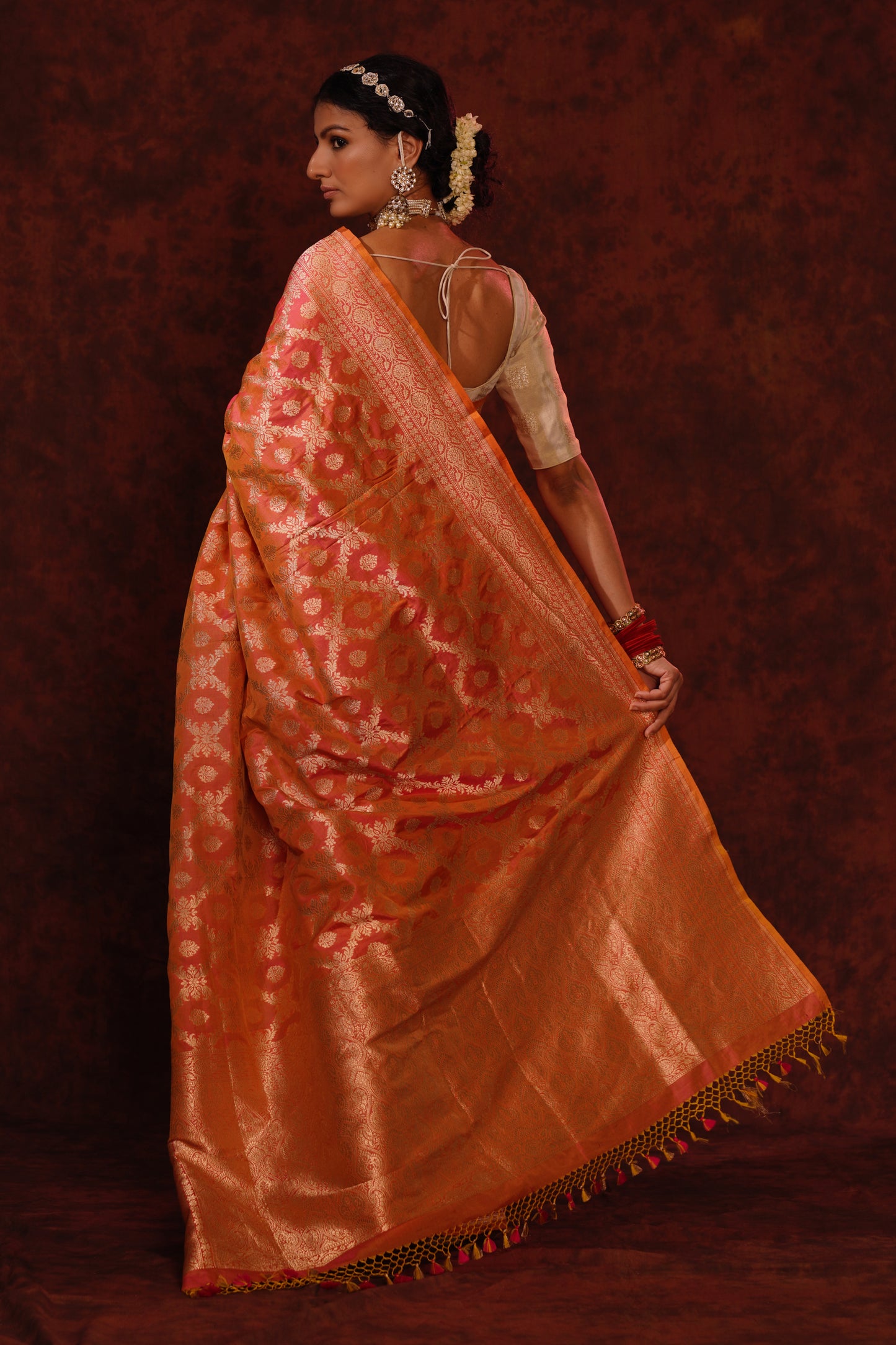 Orange Pink Pure Katan Silk Handloom Banarasi Saree.