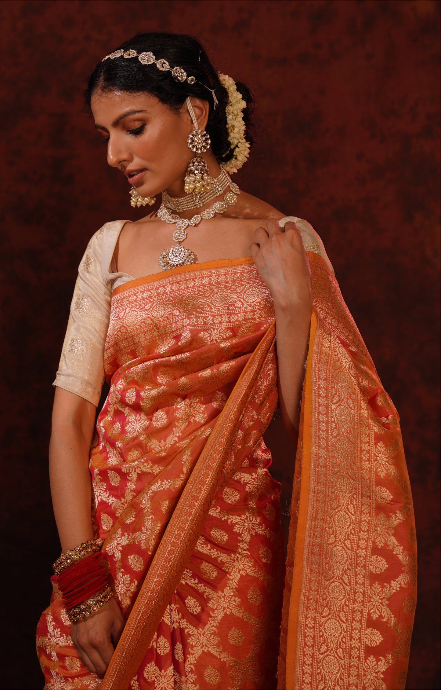 Orange Pink Pure Katan Silk Handloom Banarasi Saree.