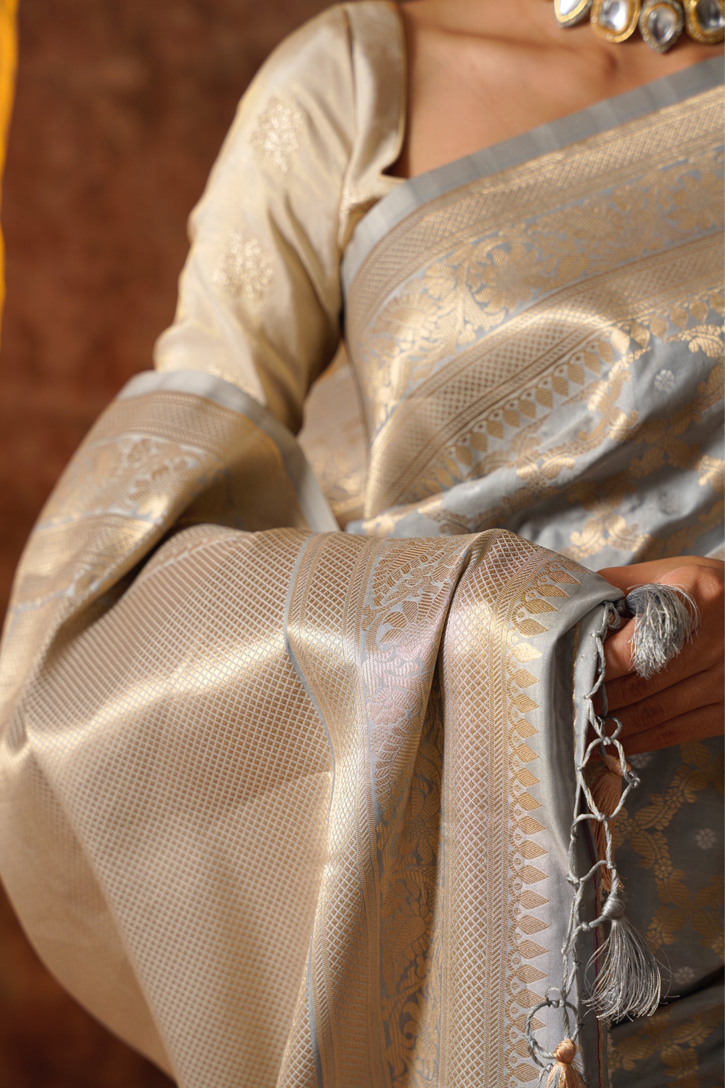 Grey Pure Katan Silk Handloom Meenakari Banarasi Saree.