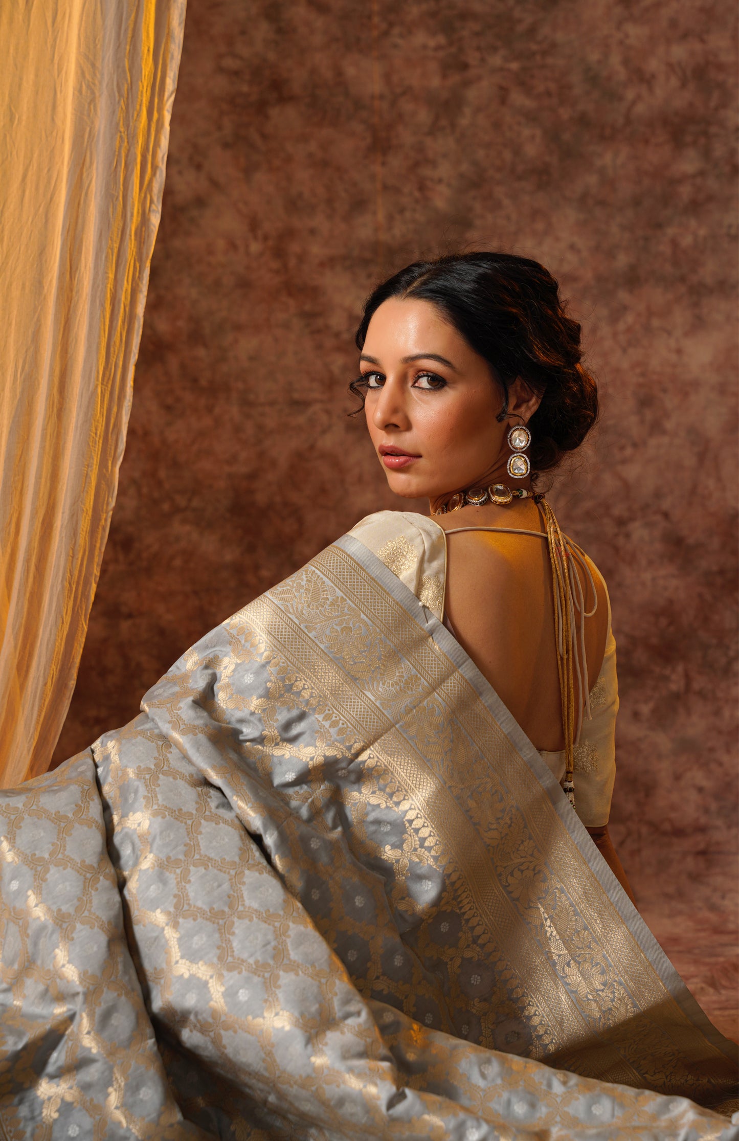 Grey Pure Katan Silk Handloom Meenakari Banarasi Saree.
