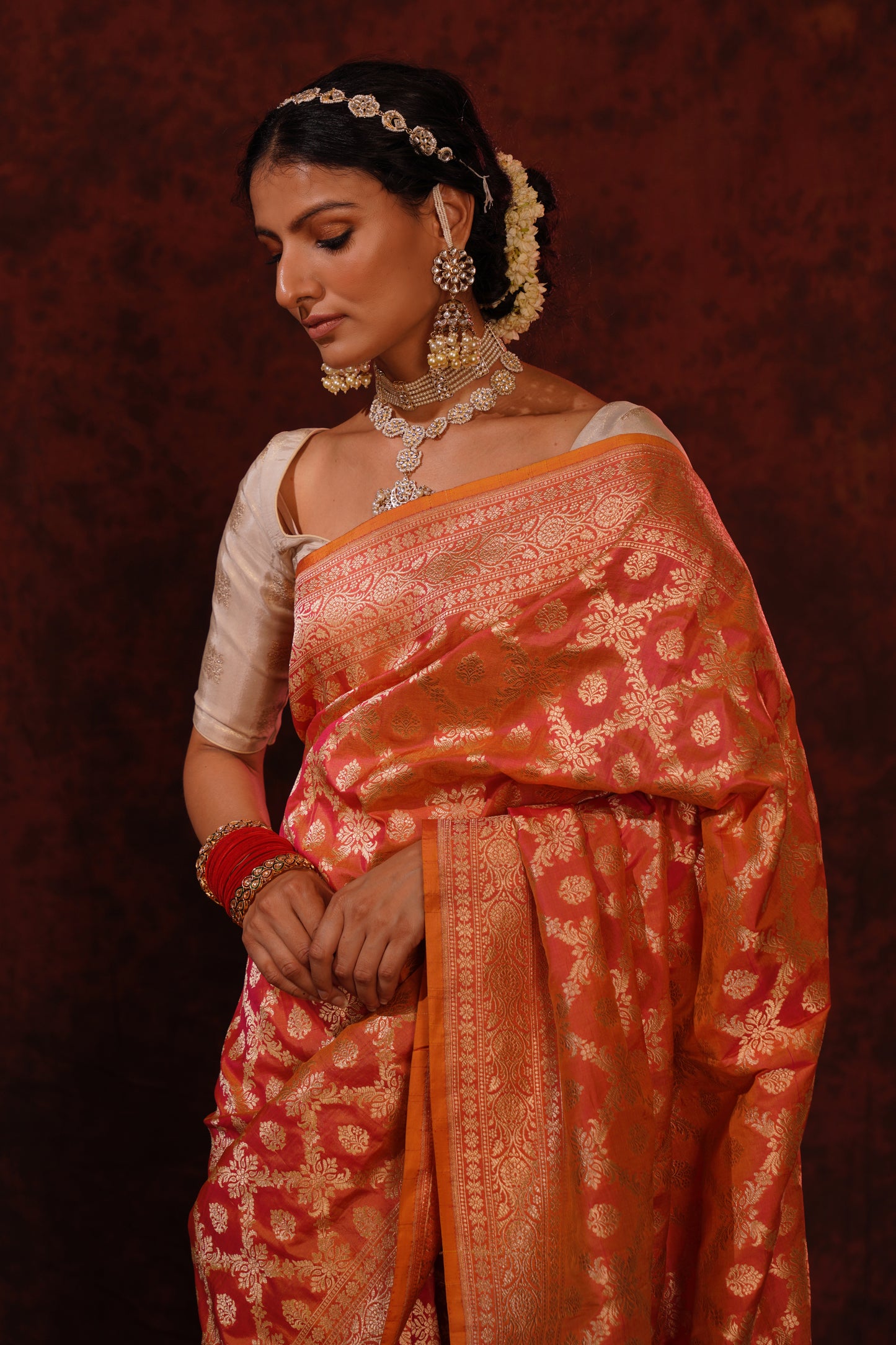 Orange Pink Pure Katan Silk Handloom Banarasi Saree.