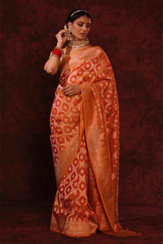 Orange Pink Pure Katan Silk Handloom Banarasi Saree.
