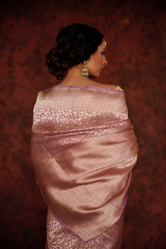 Lilac Pure Katan Silk Handloom Banarasi Saree.