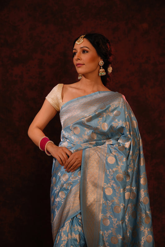 Sky Blue Pure Katan Silk Handloom Banarasi Saree.
