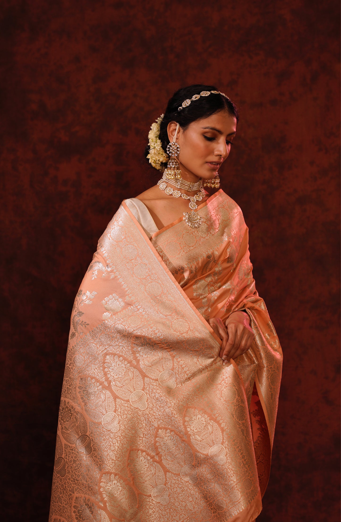 Tropical Peach Pure Katan Silk Handloom Banarasi Saree.