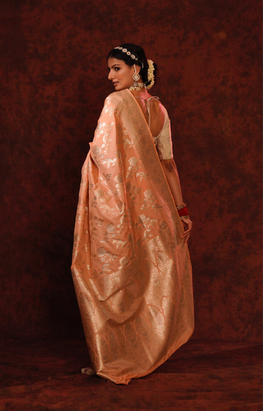 Tropical Peach Pure Katan Silk Handloom Banarasi Saree.
