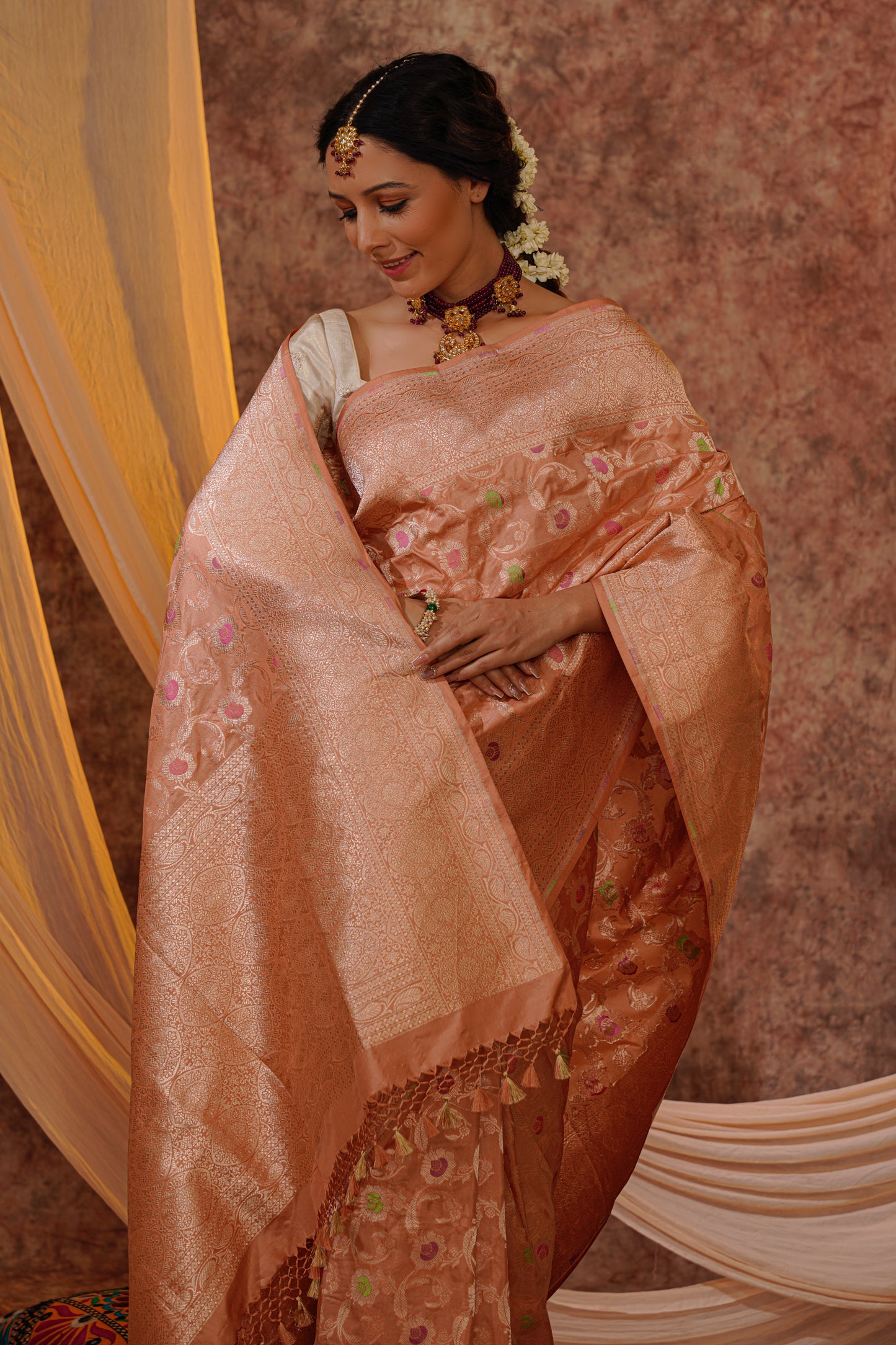 Peach Pure Katan Silk Handloom Meenakari Banarasi Saree.