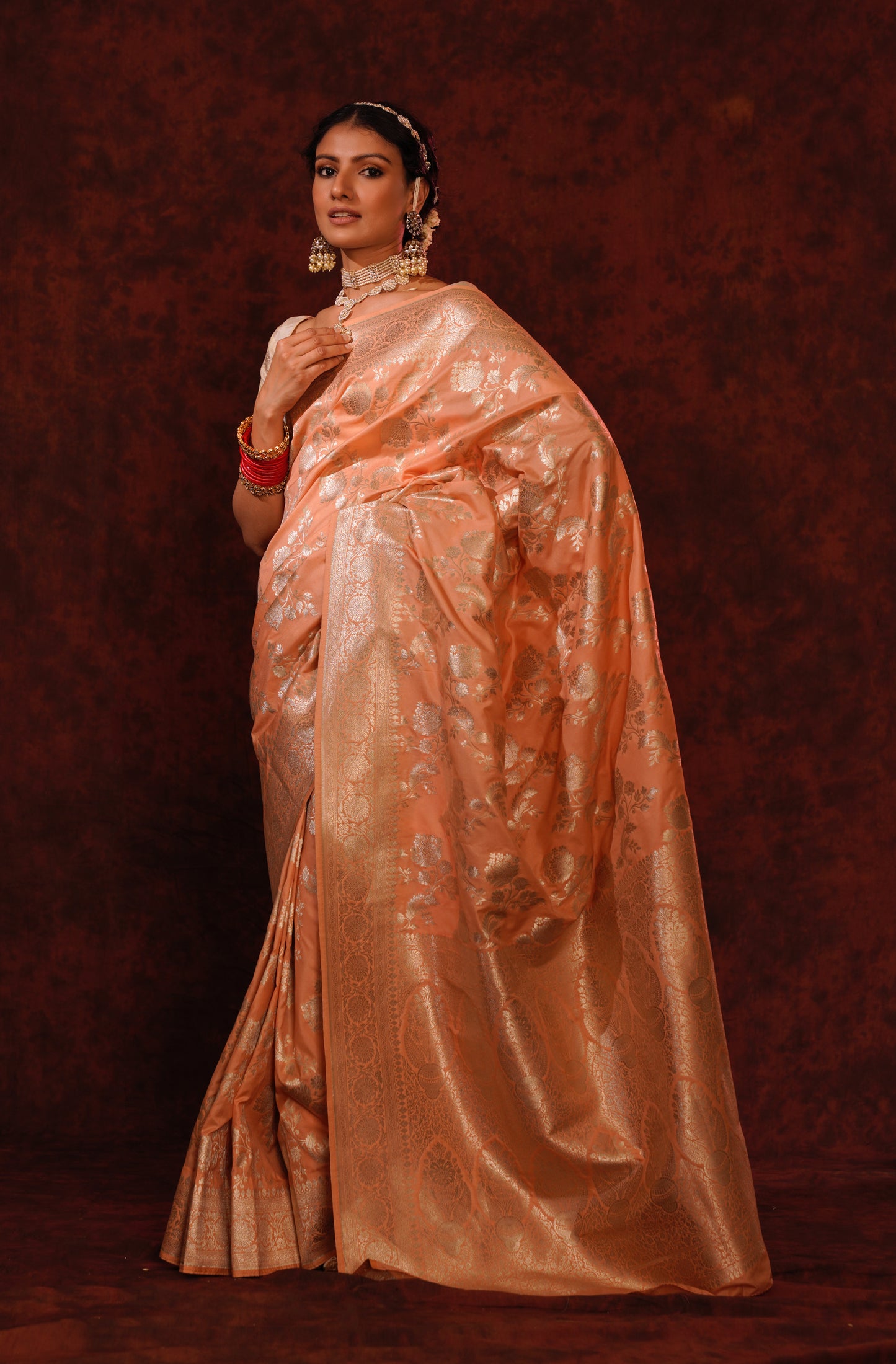 Tropical Peach Pure Katan Silk Handloom Banarasi Saree.